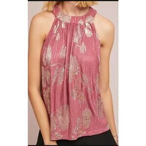 Anthropologie MEDIUM Feather Bone Gold and Mauve High Neck Halter Top Size EUC